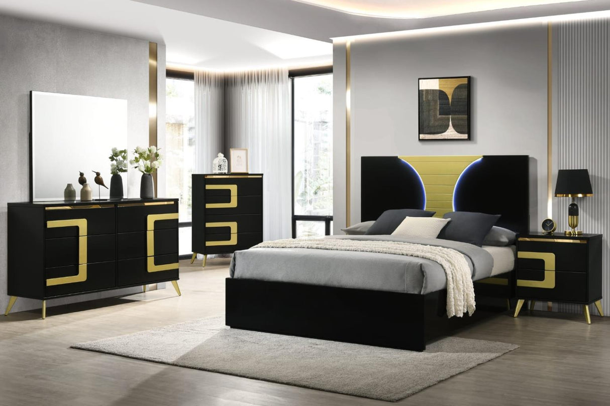 Aurora Black/Gold 4-Piece (Queen Bed, Dresser, Mirror, Nightstand)