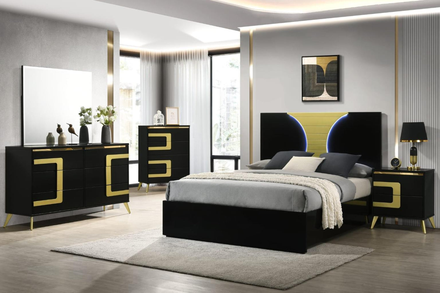 Aurora Black/Gold 4-Piece (Queen Bed, Dresser, Mirror, Nightstand)