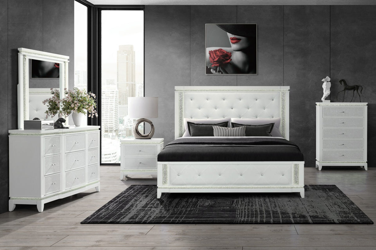 Alina White King Bed Group with LED, Cooler, Speaker and USB
