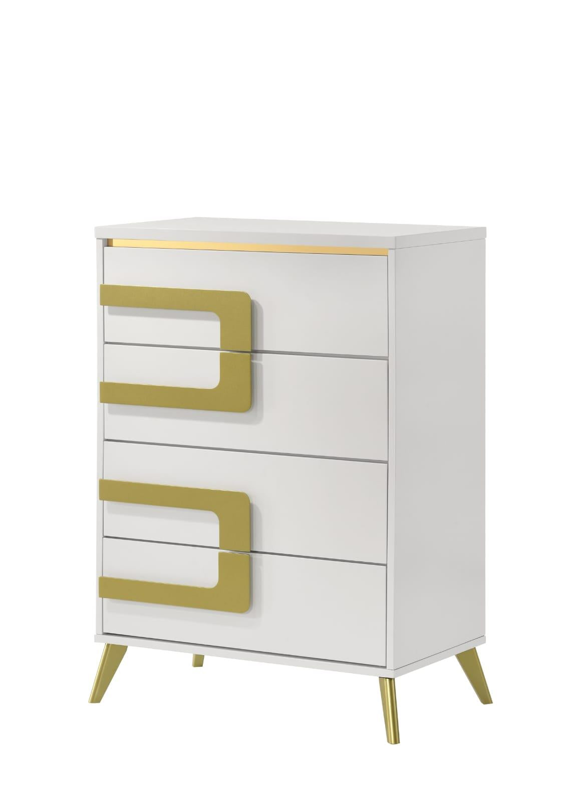 Aurora White/Gold 5-Piece (King Bed, Dresser, Mirror, Nightstand, Chest)