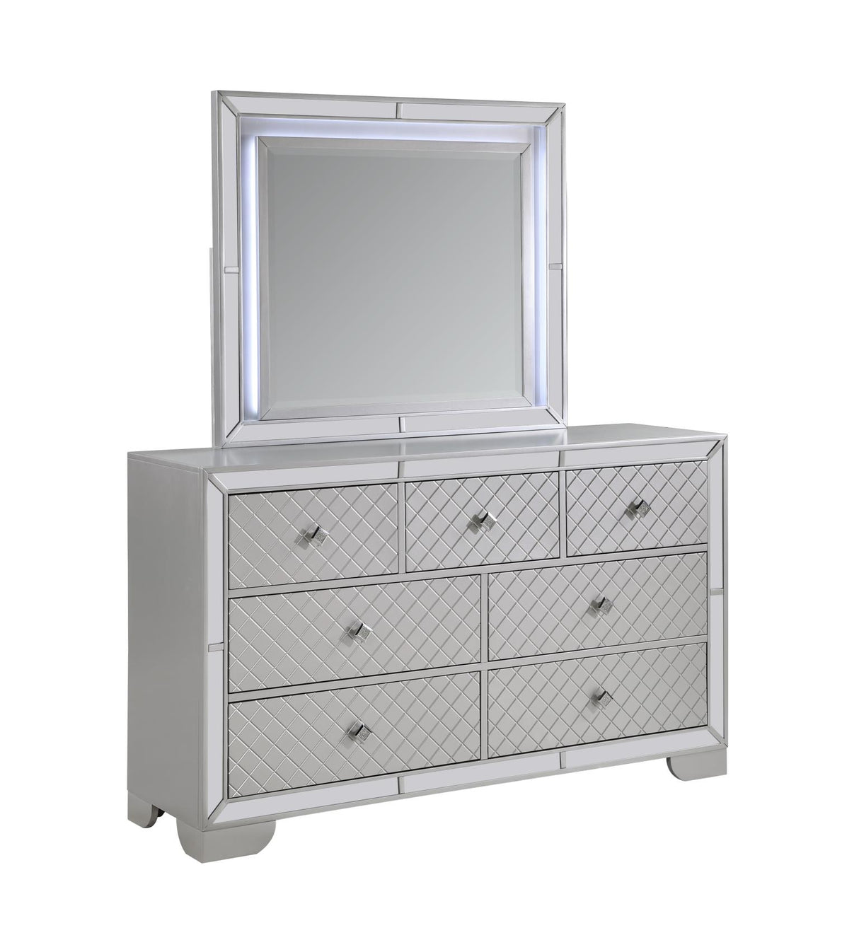 Demi Silver 5-Piece (Queen Bed, Dresser, Mirror, Nightstand, Chest)