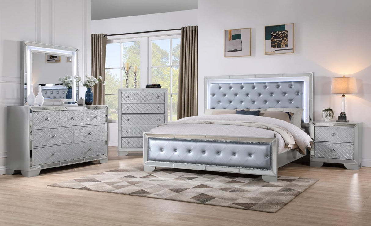 Demi Silver 5-Piece (Queen Bed, Dresser, Mirror, Nightstand, Chest)