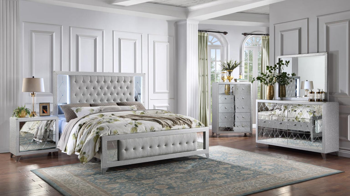 Zara Silver 5-Piece (King Bed, Dresser, Mirror, Nightstand, Chest)