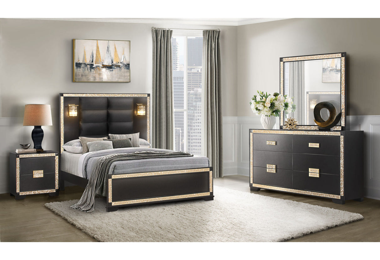 Blake Black/Gold King Bed with Lamps, Dresser, Mirror, Nightstand