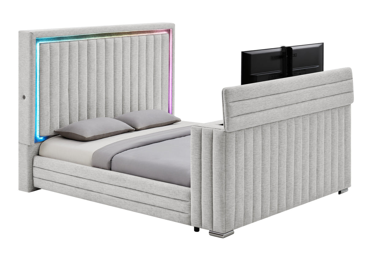 Elias Grey King Bed with Immersive Sound Speaker, LED, TV Lift & Fp