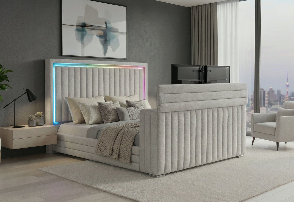 Elias Grey Queen Bed with Immersive Sound Speaker, LED, TV Lift & Fp