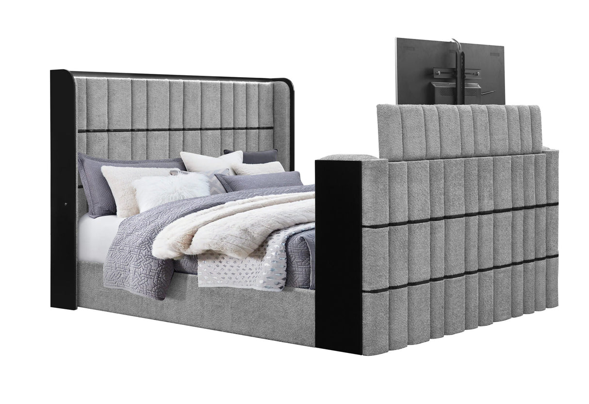 Isabella Grey King Bed with LED, TV Lift, Speaker and Fireplace