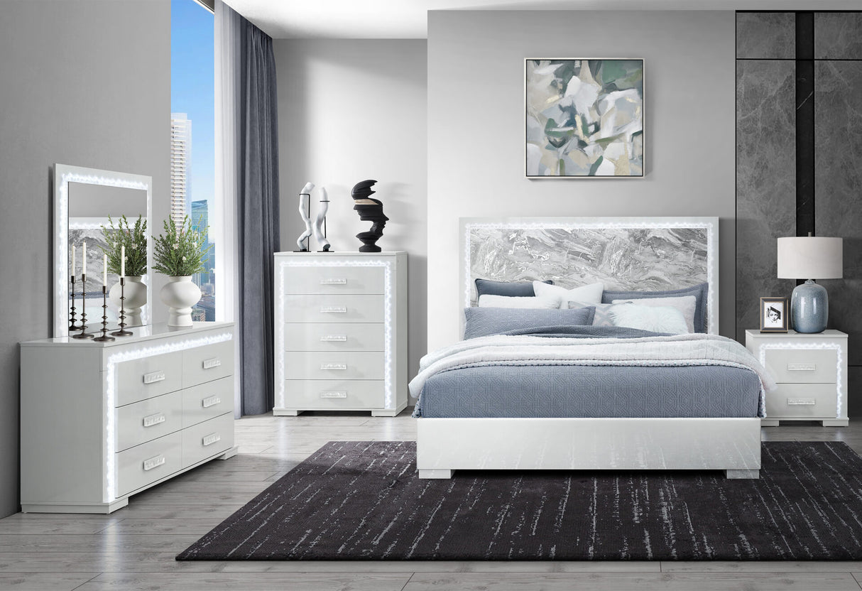 Naomi Silver Marble Queen Bed with LED