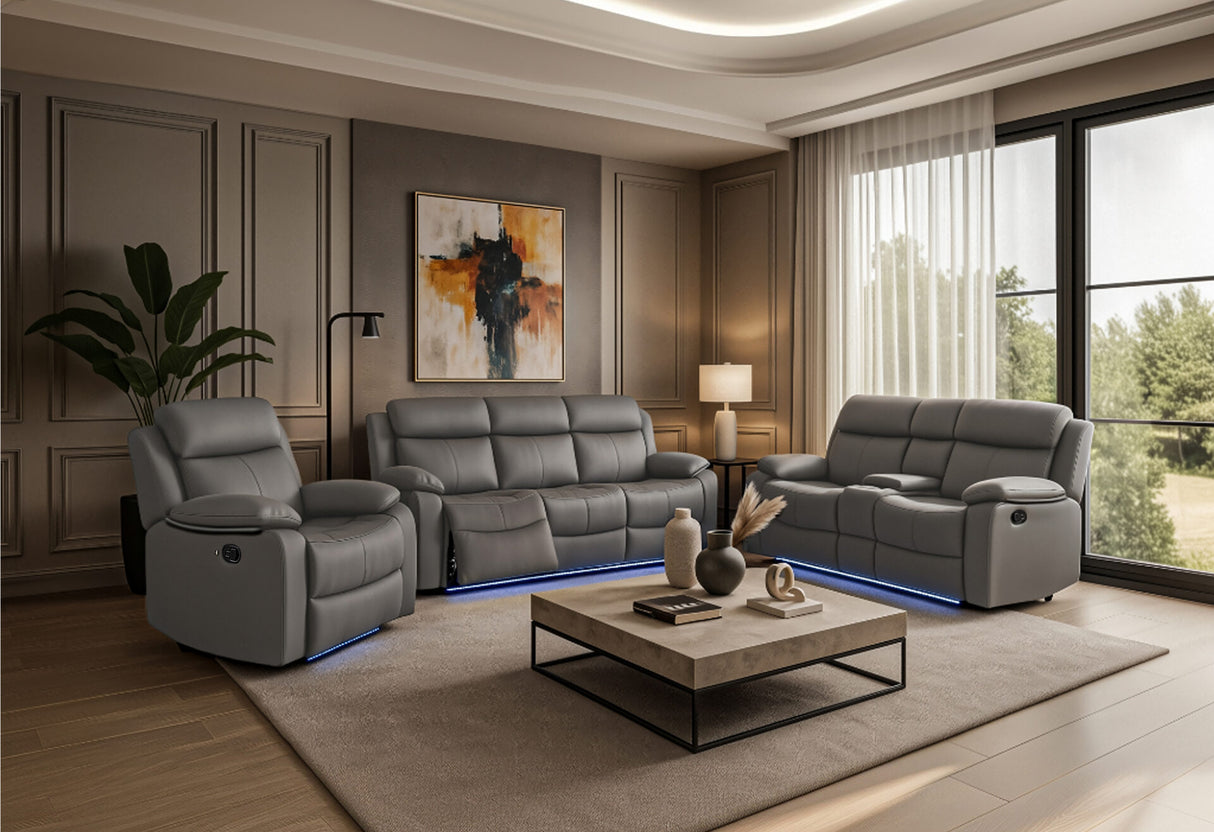 U6026 Grey Faux Leather 46A Reclining Sofa/Console Reclining Loveseat with Speaker