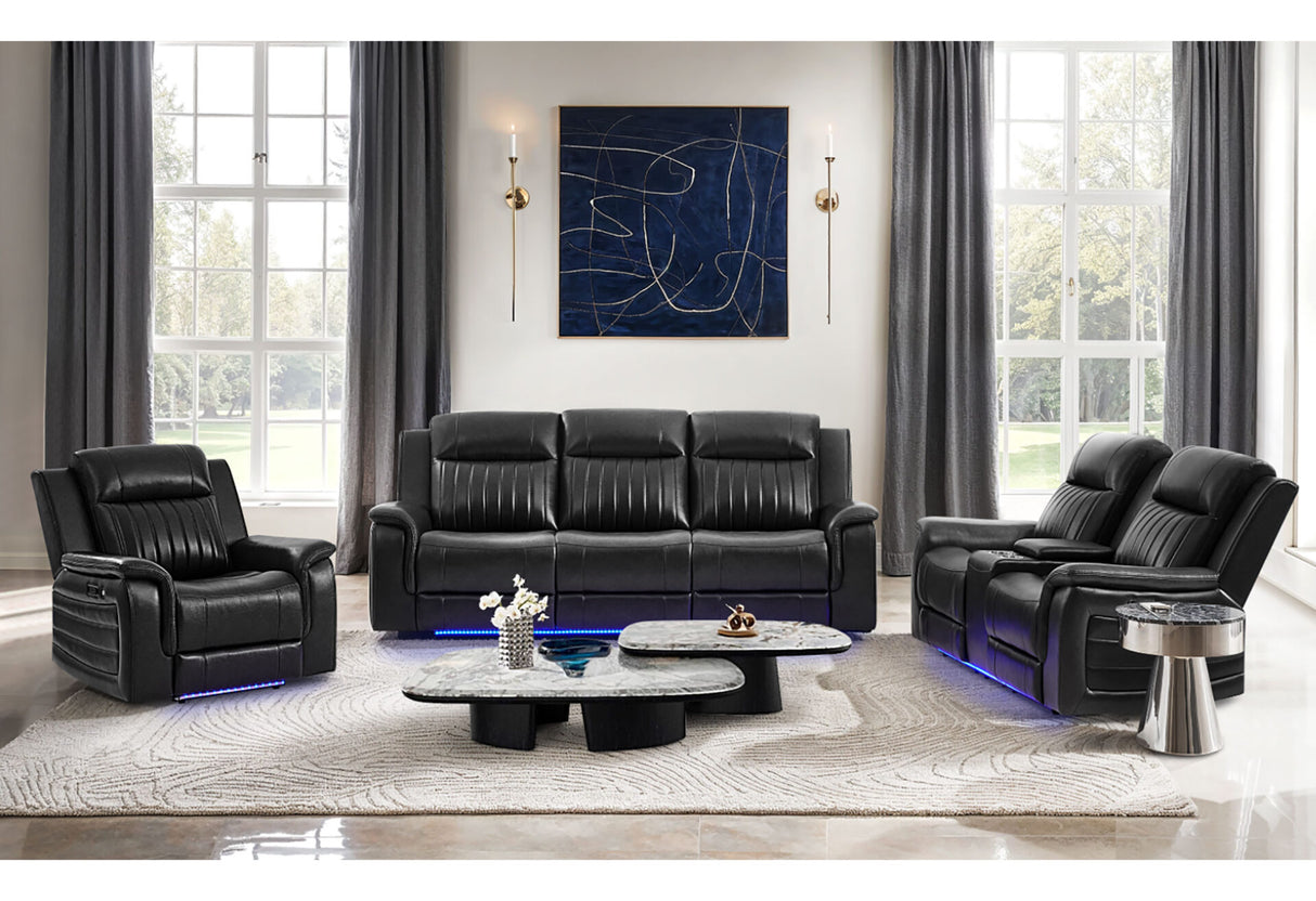 U8879 Charcoal Power Reclining Sofa/Power Console Reclining Loveseat with LED & Gl Ss