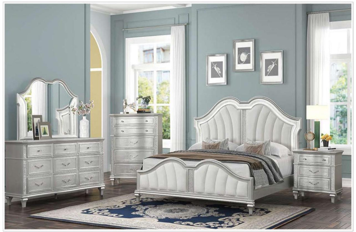 Izabella White/Silver 5-Piece (King Bed, Dresser, Mirror, Nightstand, Chest)