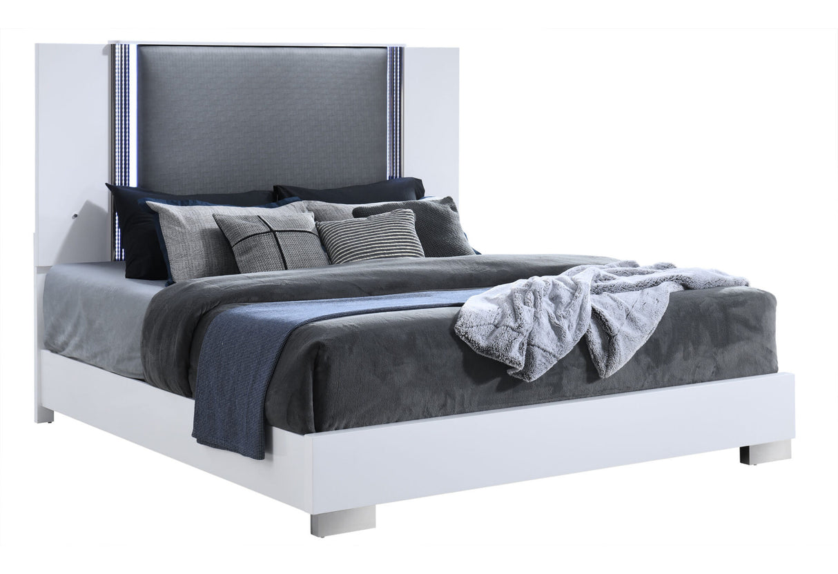 Ylime Smooth White King Bed with LED Fully Slatted