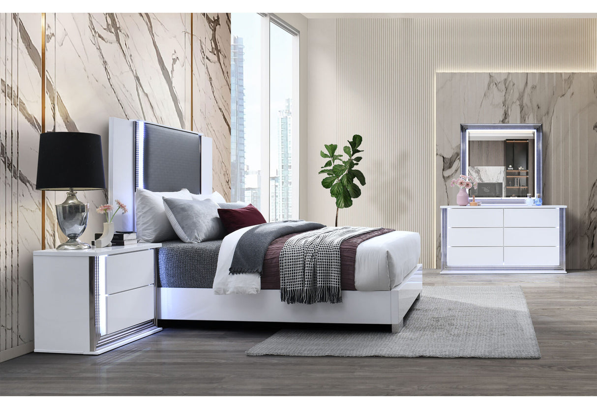 Ylime Smooth White Queen Bed with LED Fully Slatted
