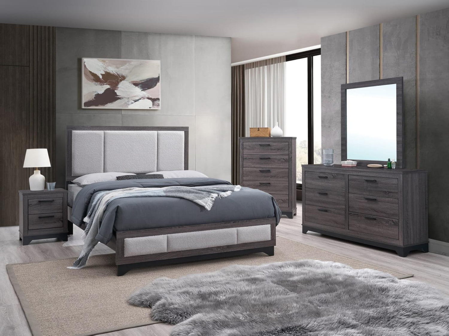 Jouri Dark Gray 4-Piece (King Bed, Dresser, Mirror, Nightstand)