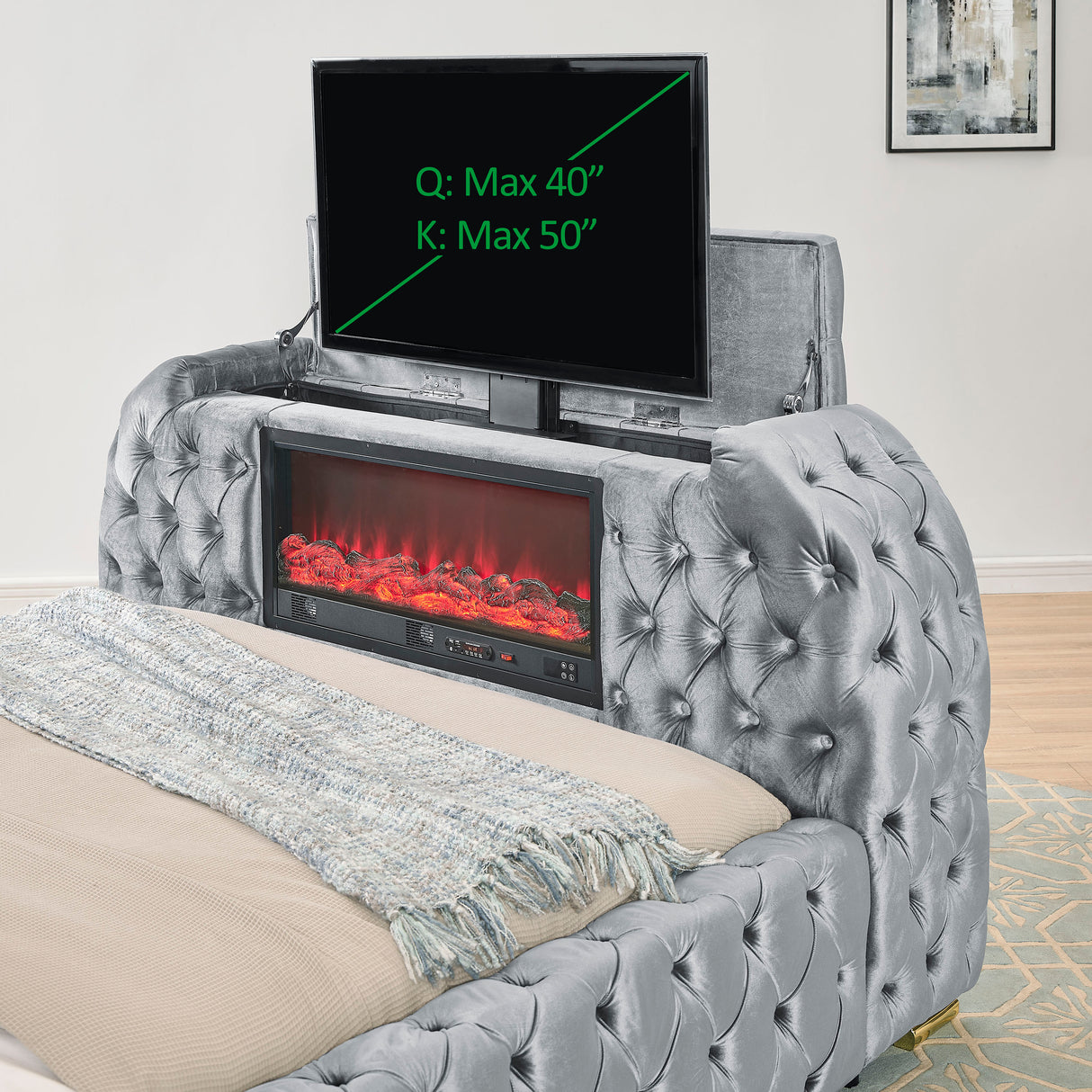 Natalia Bed W/Fireplace,Tv Lift Gy