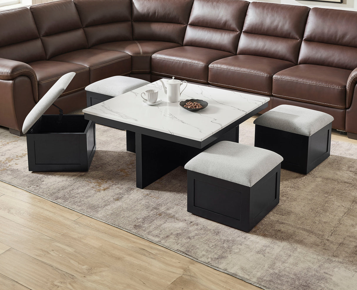 Marta Coffee Table with 4 Storage Ottomans
