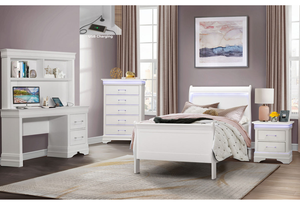 Charlie White Twin Bed, Dresser, Mirror and Nightstand