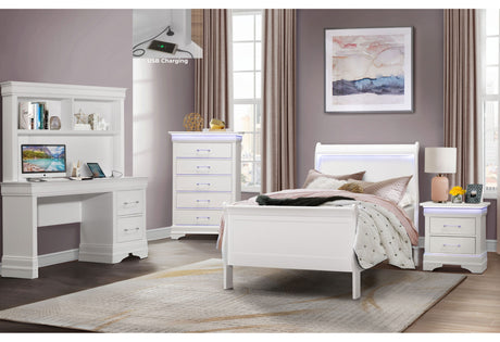 Charlie White Twin Bed, Dresser, Mirror and Nightstand