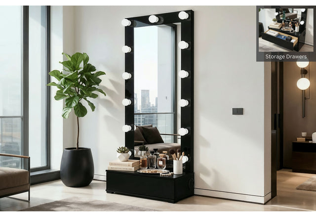 Ella Black Narrow Tall Mirror with Drawer and Speaker