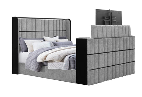 Isabella Grey King Bed with LED, TV Lift, Speaker and Fireplace