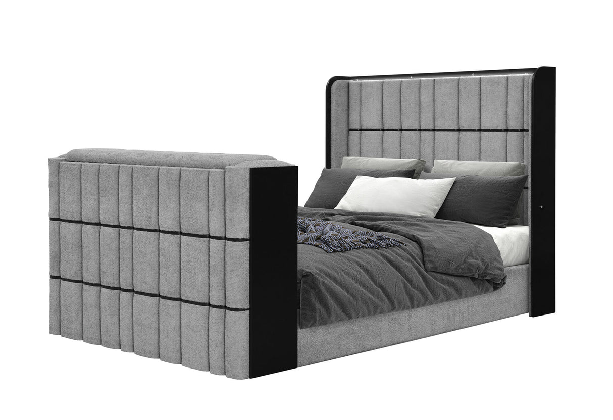 Isabella Grey Queen Bed with LED, TV Lift, Speaker and Fireplace