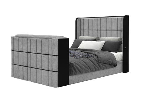 Isabella Grey Queen Bed with LED, TV Lift, Speaker and Fireplace