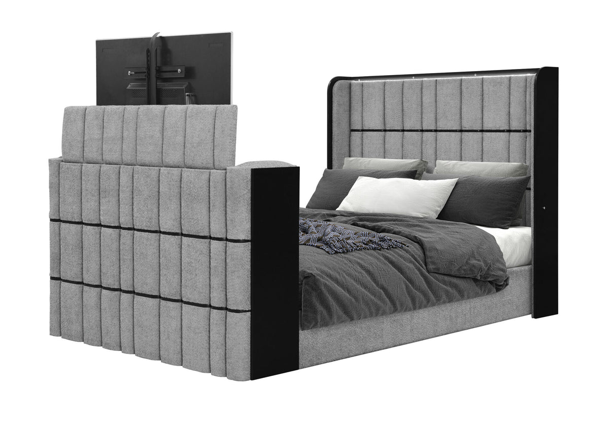 Isabella Grey Queen Bed with LED, TV Lift, Speaker and Fireplace