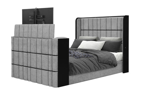 Isabella Grey Queen Bed with LED, TV Lift, Speaker and Fireplace