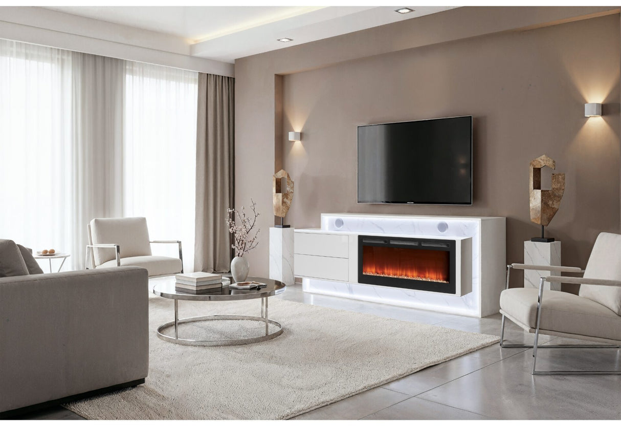 Aileen White 76 Entertainment Unit With Led Speakers Crystal Inserts And Pop Up Center Doors