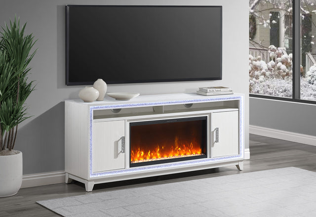 Aveena White 76 Entertainment Unit With Tv Led Speakers Crystal Inserts And Pop Up Center Doors