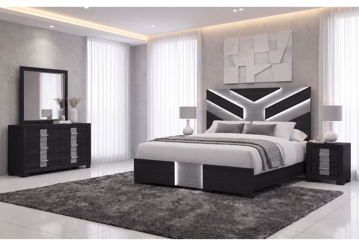 Optimus Black Queen Bed, Dresser, Mirror and Nightstand