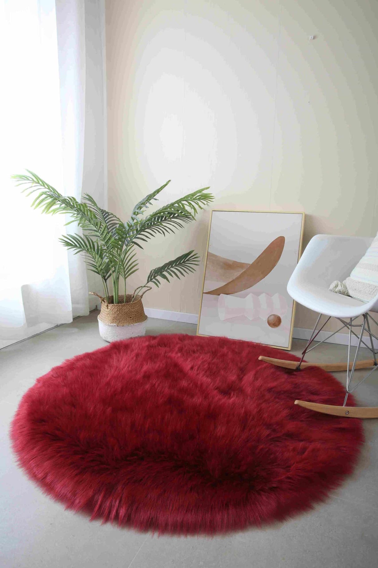 Faux Fur Rug Round Red