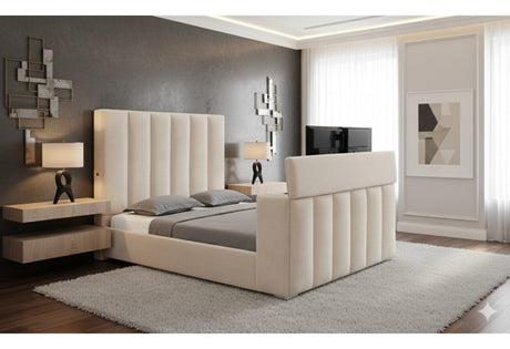 Serenity Buff King Bed Headboard with Speaker, TV Lift and Fireplace