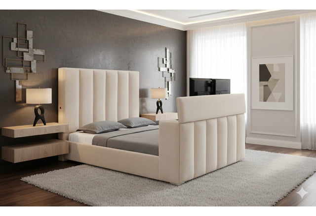 Serenity Buff King Bed Headboard with Speaker, TV Lift and Fireplace
