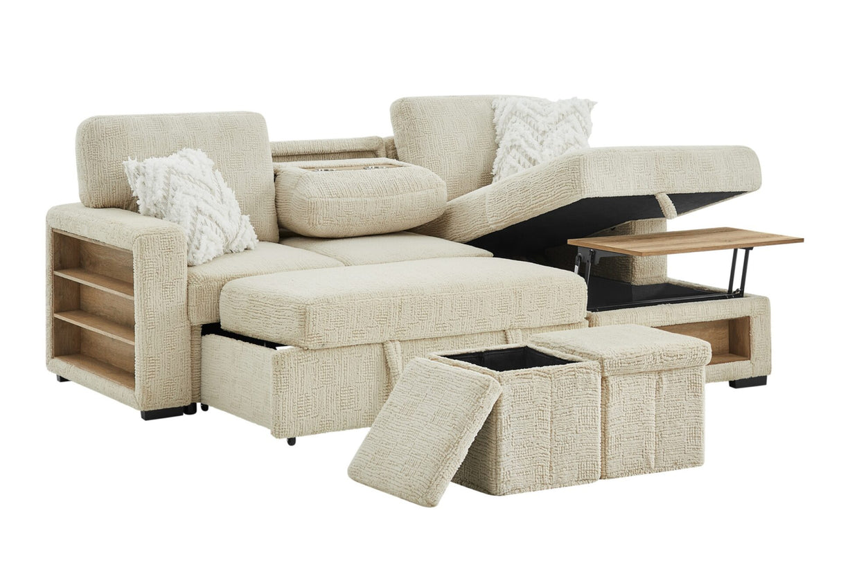 U0222 Ivory Pull Out Sofa Bed with Speaker and 2 Pillows