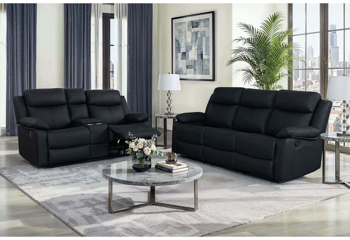 U6026 Black Faux Leather 72A Reclining Sofa/Console Reclining Loveseat with LED & Speaker