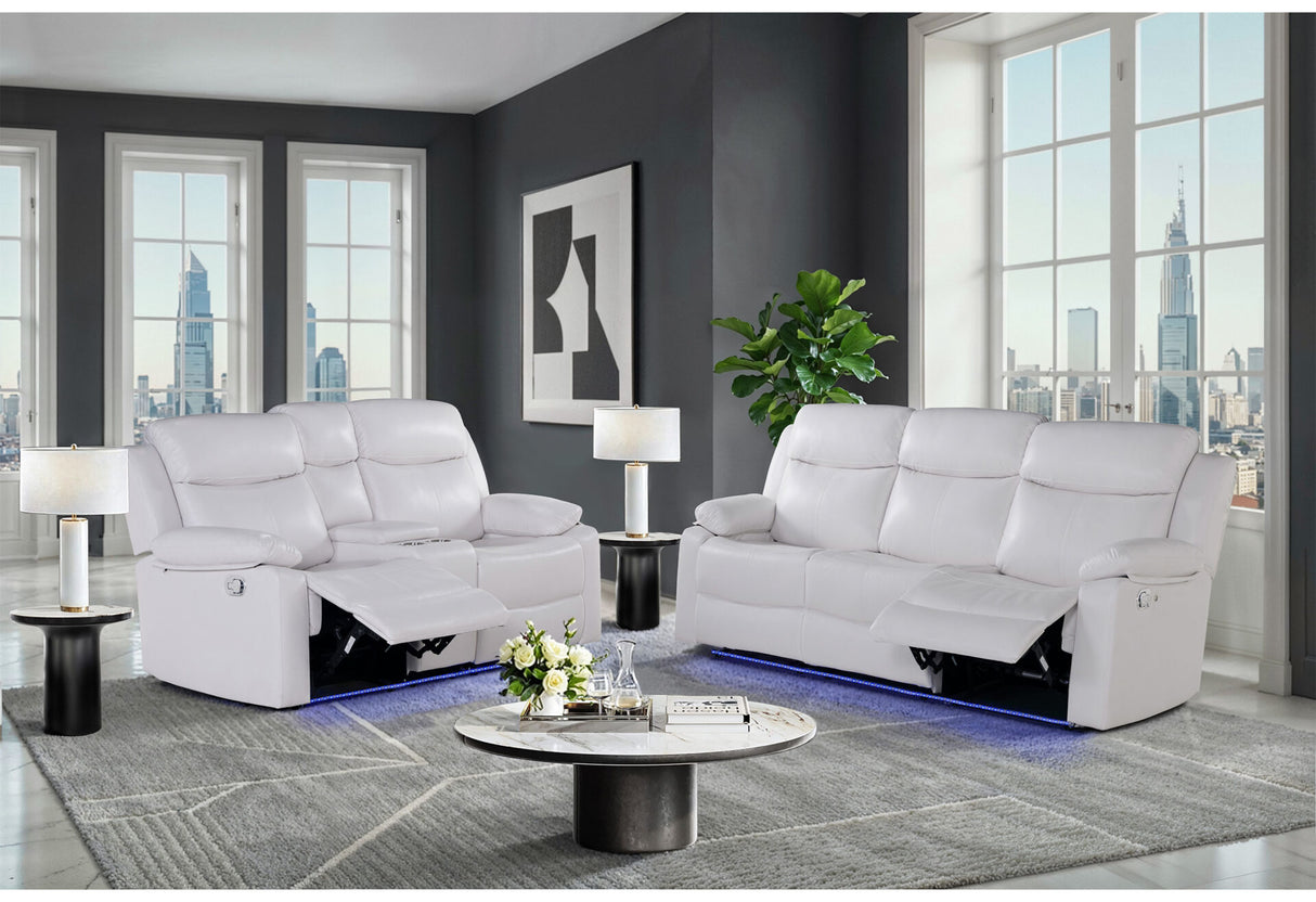 U6026 Blanche White Reclining Sofa/Console Reclining Loveseat with LED & Speaker