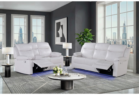 U6026 Blanche White Reclining Sofa/Console Reclining Loveseat with LED & Speaker