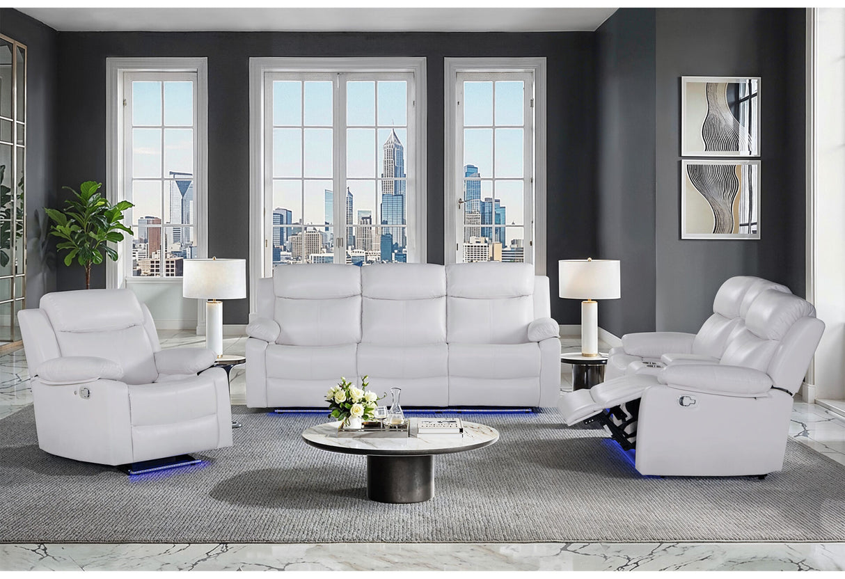 U6026 Blanche White Reclining Sofa with LED/Cons Reclining Ls with Speaker&LED/Gr with LED