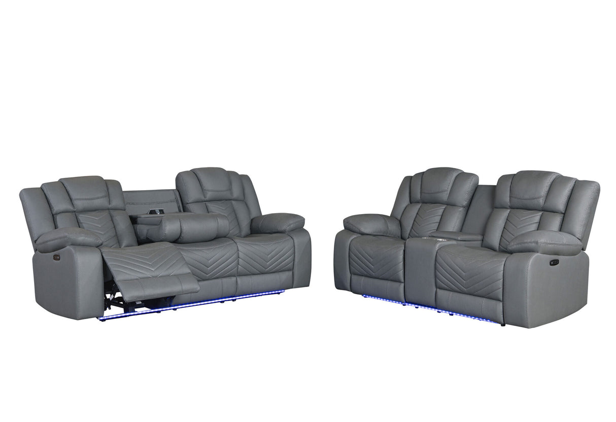 U7068 Grey 10 Power Reclining Sofa/Power Console Reclining Loveseat/Power Recliner with LED