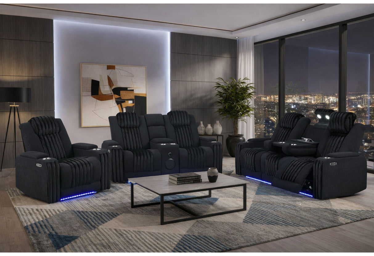 U8000 Black Power Reclining Sofa/Power Console Reclining Loveseat with Phr