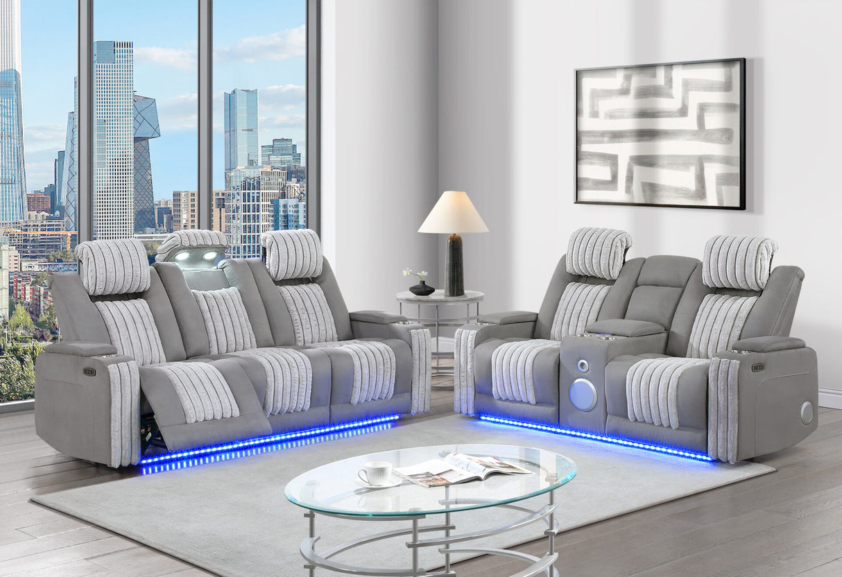 U8000 Grey Power Reclining Sofa/Power Console Reclining Loveseat with Phr