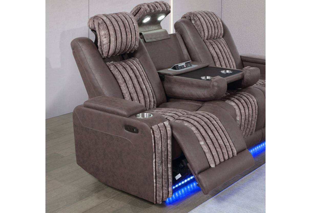 U8000 Brown Power Reclining Sofa with Phr, Ddt, Reading Light & LED Light