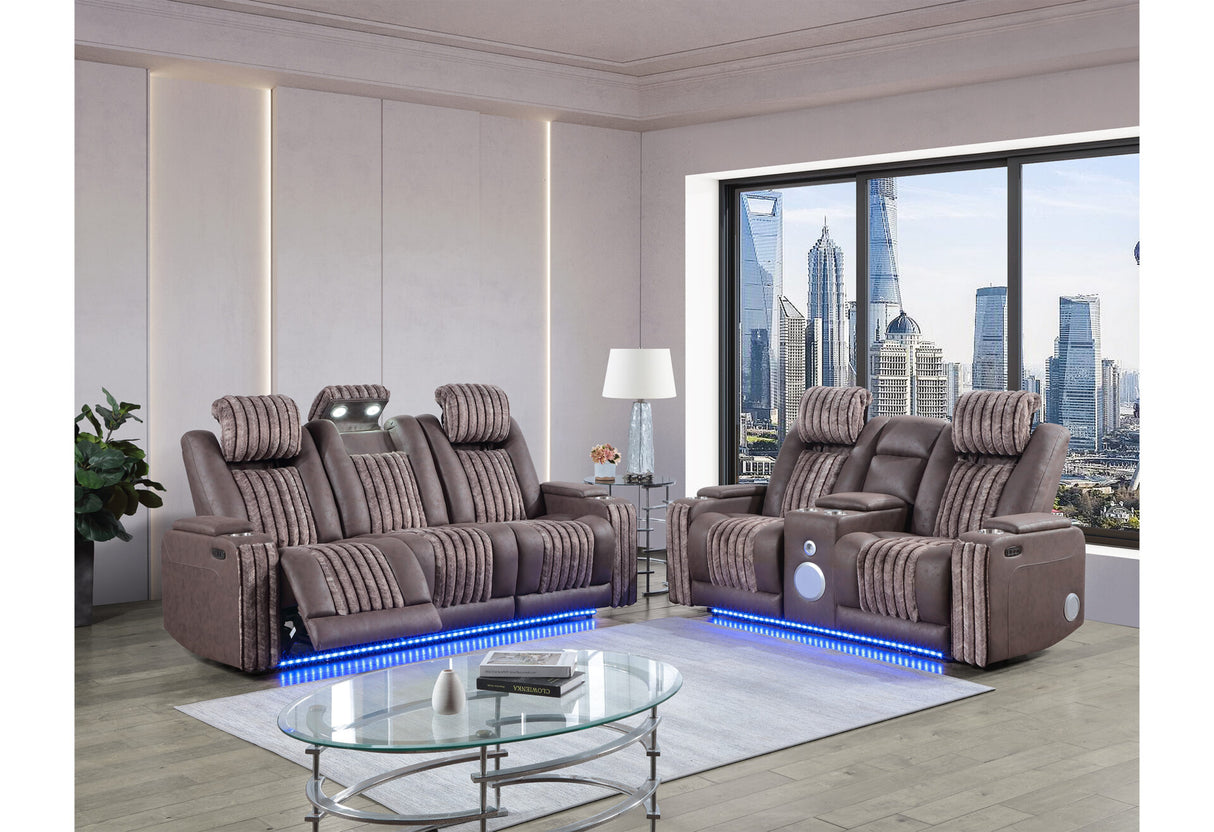 U8000 Brown Power Reclining Sofa/Power Console Reclining Loveseat with Phr