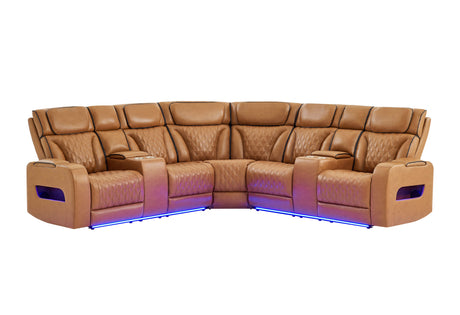 U8611 Camel Sectional with Power Headrest, Continuous LED and Speaker