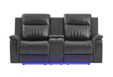 U8879 Charcoal Power Reclining Sofa/Power Console Reclining Loveseat with LED & Gl Ss