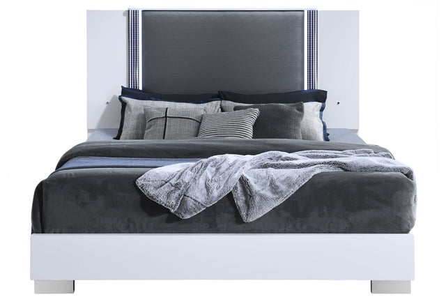 Ylime Smooth White King Bed with LED Fully Slatted