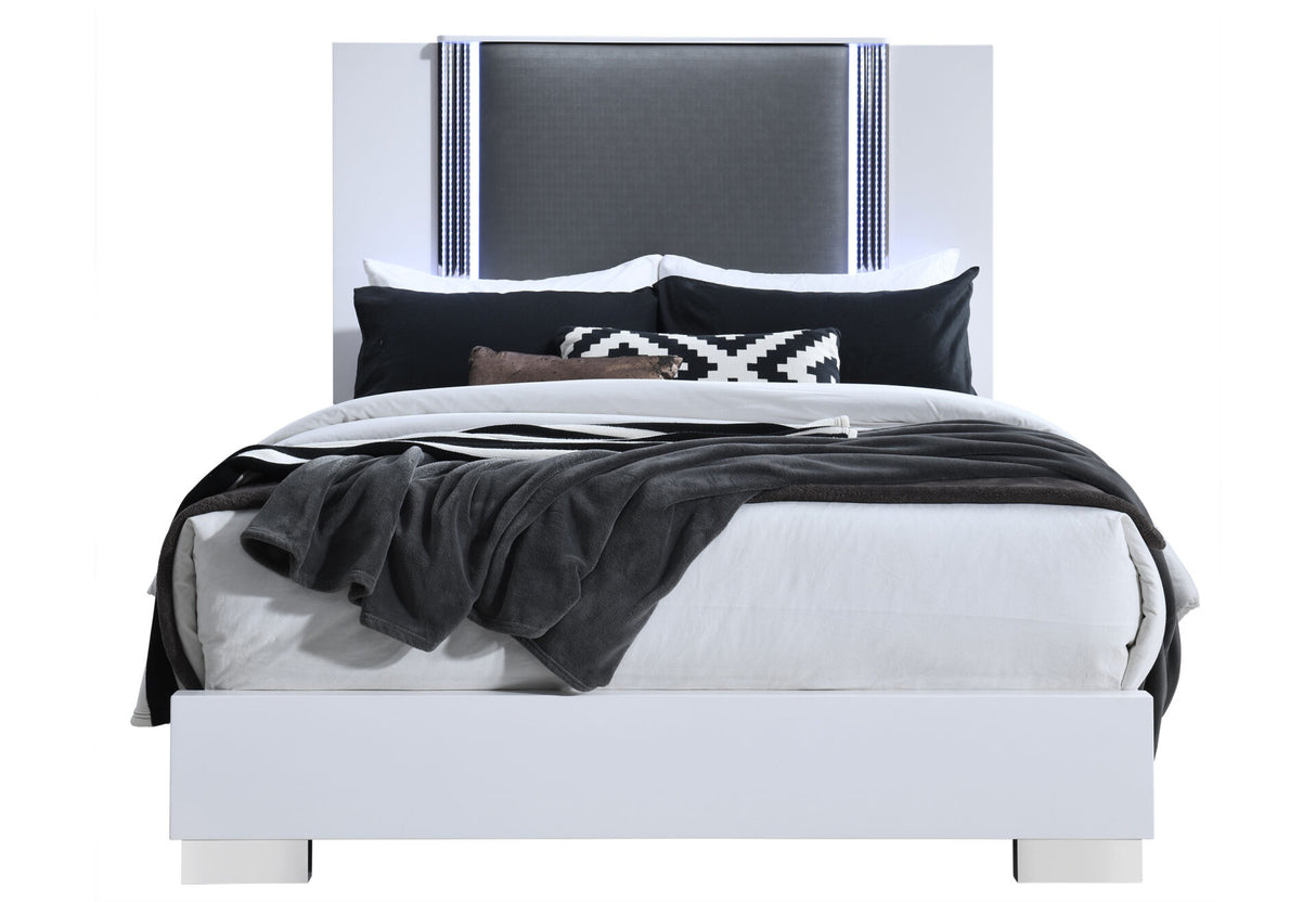 Ylime Smooth White Queen Bed with LED Fully Slatted