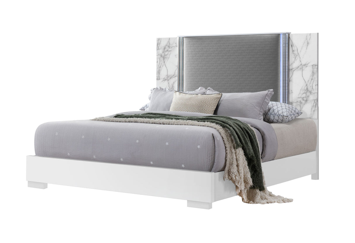 Ylime White Marble King Bed Fully Slatted with LED