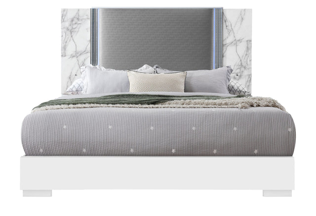 Ylime White Marble King Bed Fully Slatted with LED